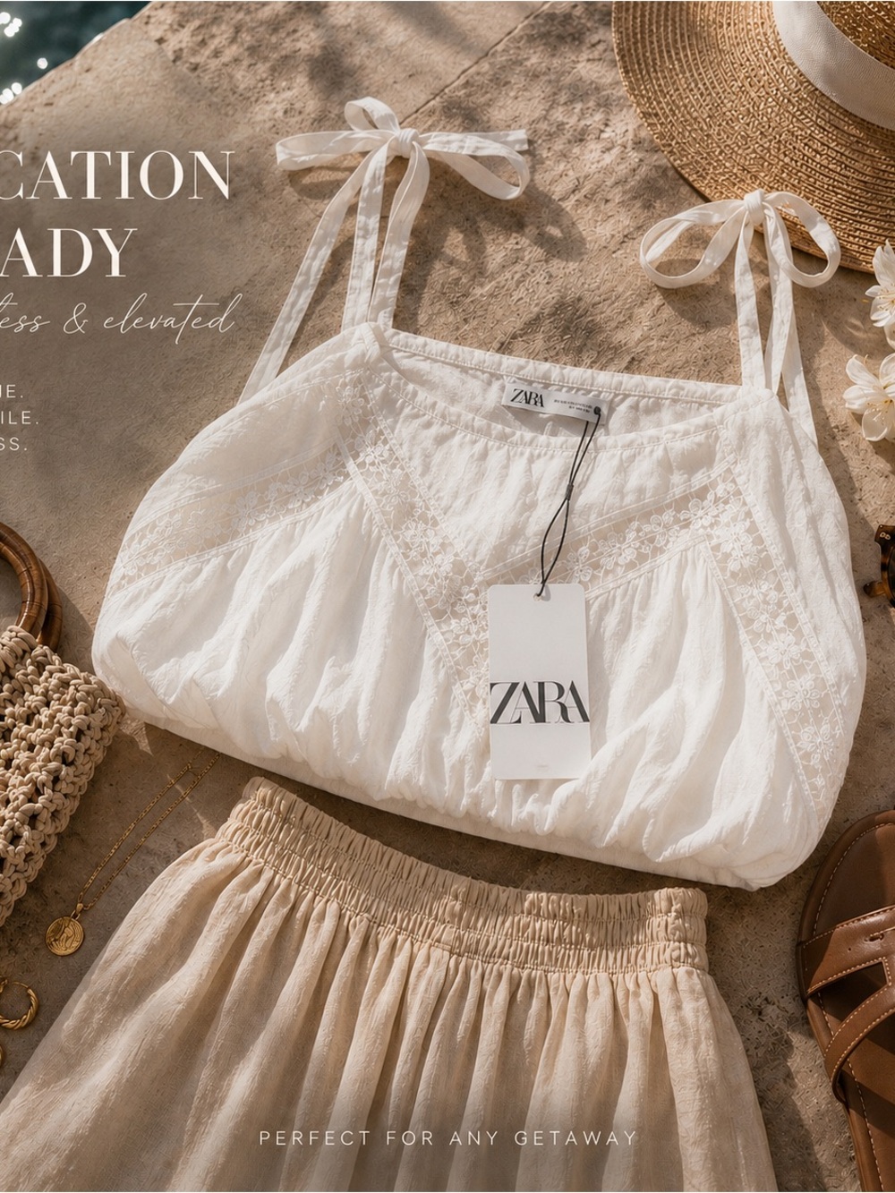 ZARA White Tie-Strap Lace Trim Boho Top NWT | Vacation Coastal Chic - Picture 8 of 8